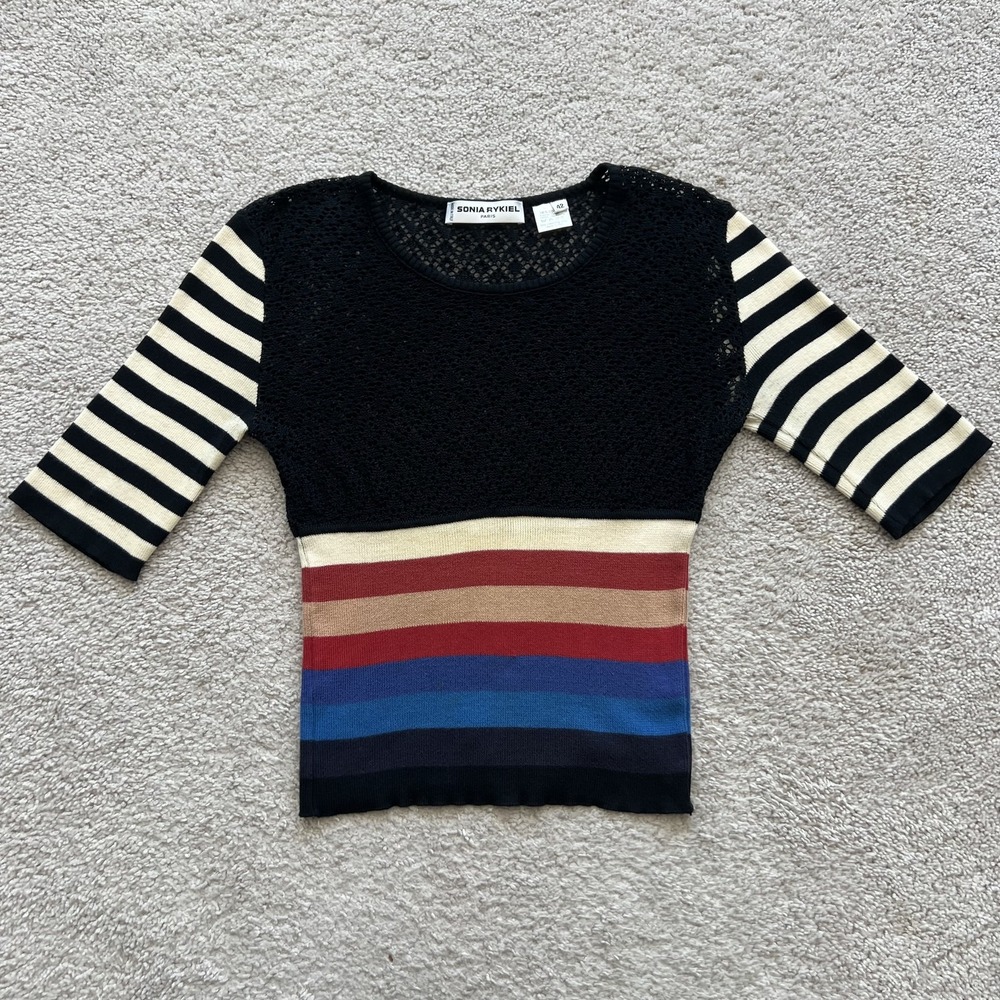 Sonia Rykiel Paris Striped Crochet Knit Top Womens IT 42 Multicolor Short Sleeve
